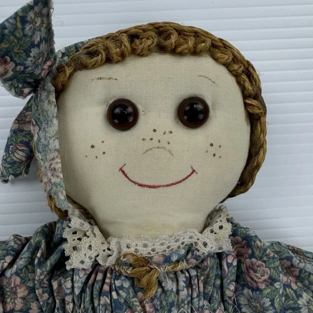 Vintage Handmade Rag Doll Prairie Floral Cottagecore Folk Art Cloth Farmhouse